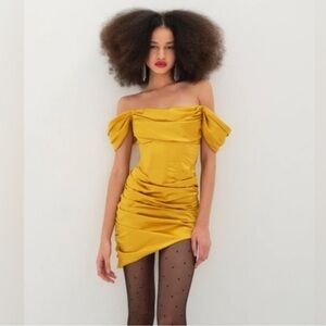 For Love & Lemons DREW Satin Mini Corset Empire Waist Elegant Off-Shoulder Dress